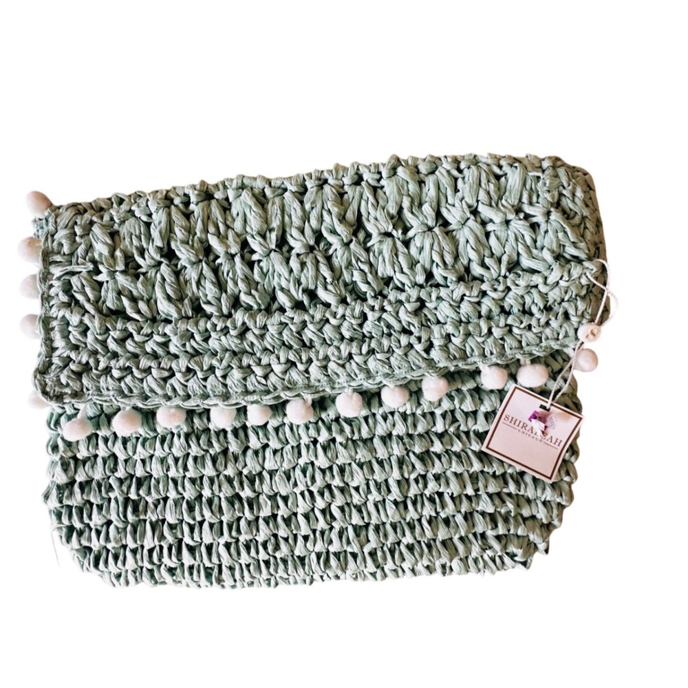 SHIRALEAH Chicago Woven Clutch‎ Pom Pom Tassel Mint Green Evening Bag NWT